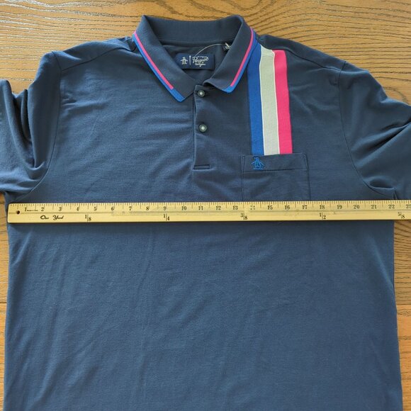 Penguin Mens Navy Polo Shirt XL Striped Collar Pocket Cotton Blend Classic Fit - Picture 9 of 14